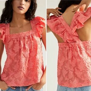 Anthropologie Amber Ruffled Square Neck Apron Tank Coral Pink Criss Cross Medium